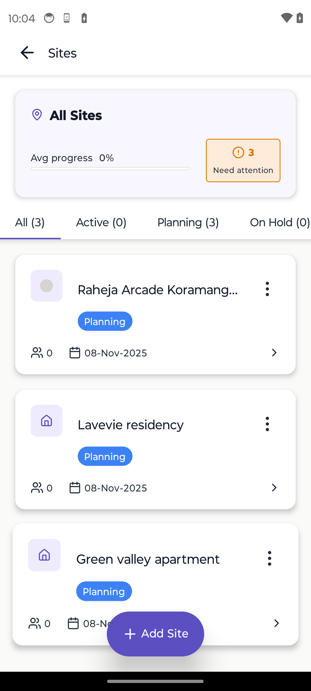 Karyati Sites Management feature screenshot - Construction management app interface